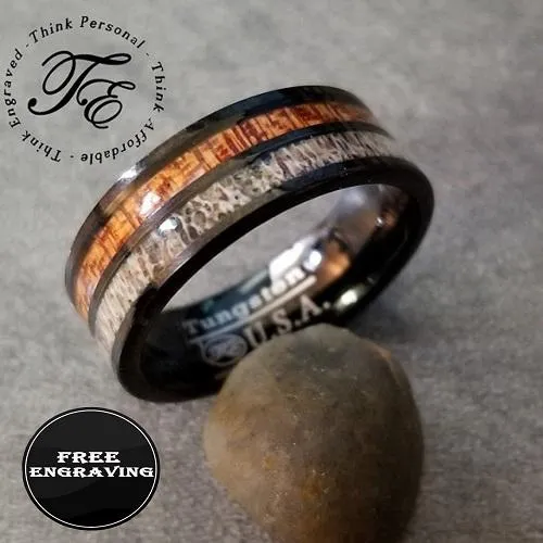 Personalized Men's Promise Ring - Wood and Deer Antler Inlay Real Tungsten