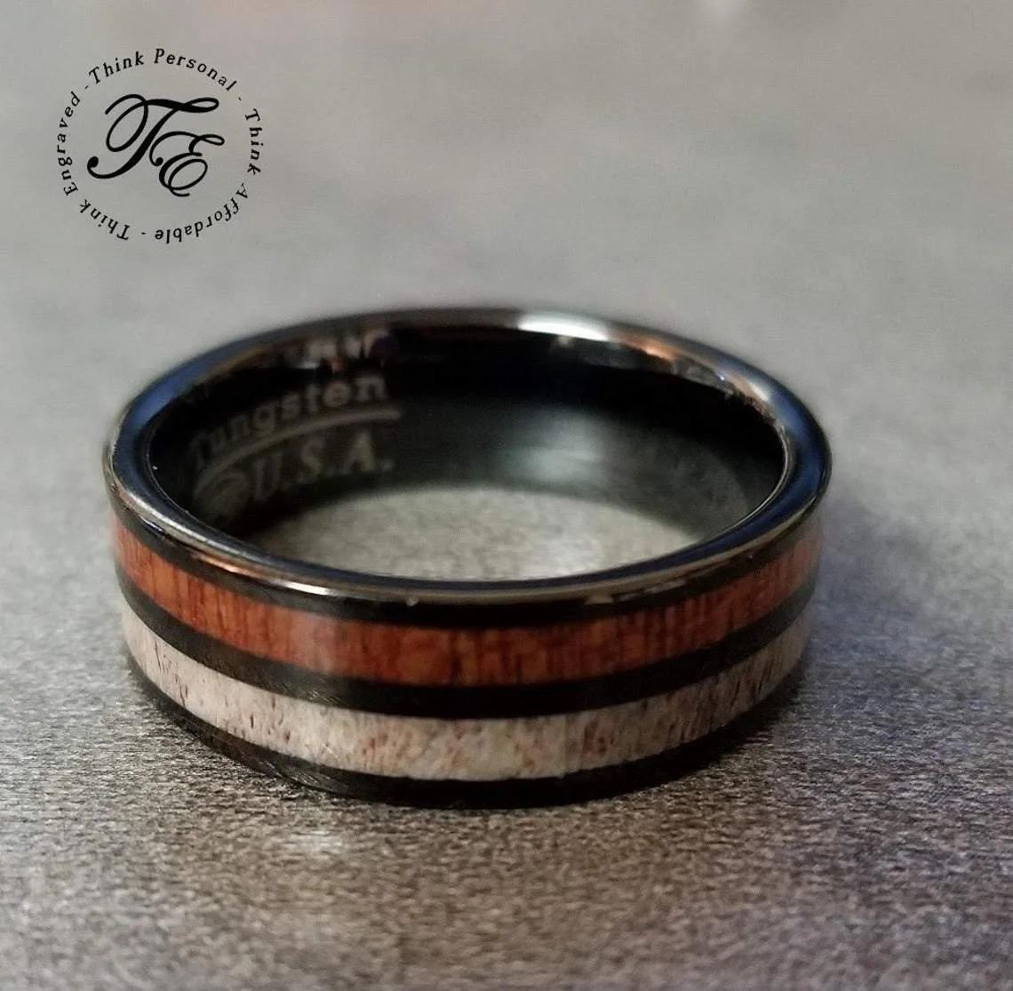 Personalized Men's Promise Ring - Wood and Deer Antler Inlay Real Tungsten