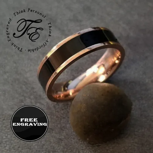 Personalized Men's Wedding Band With Rose Gold ip and Ceramic Inlay