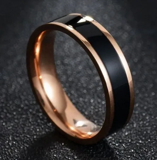 Personalized Men's Wedding Band With Rose Gold ip and Ceramic Inlay