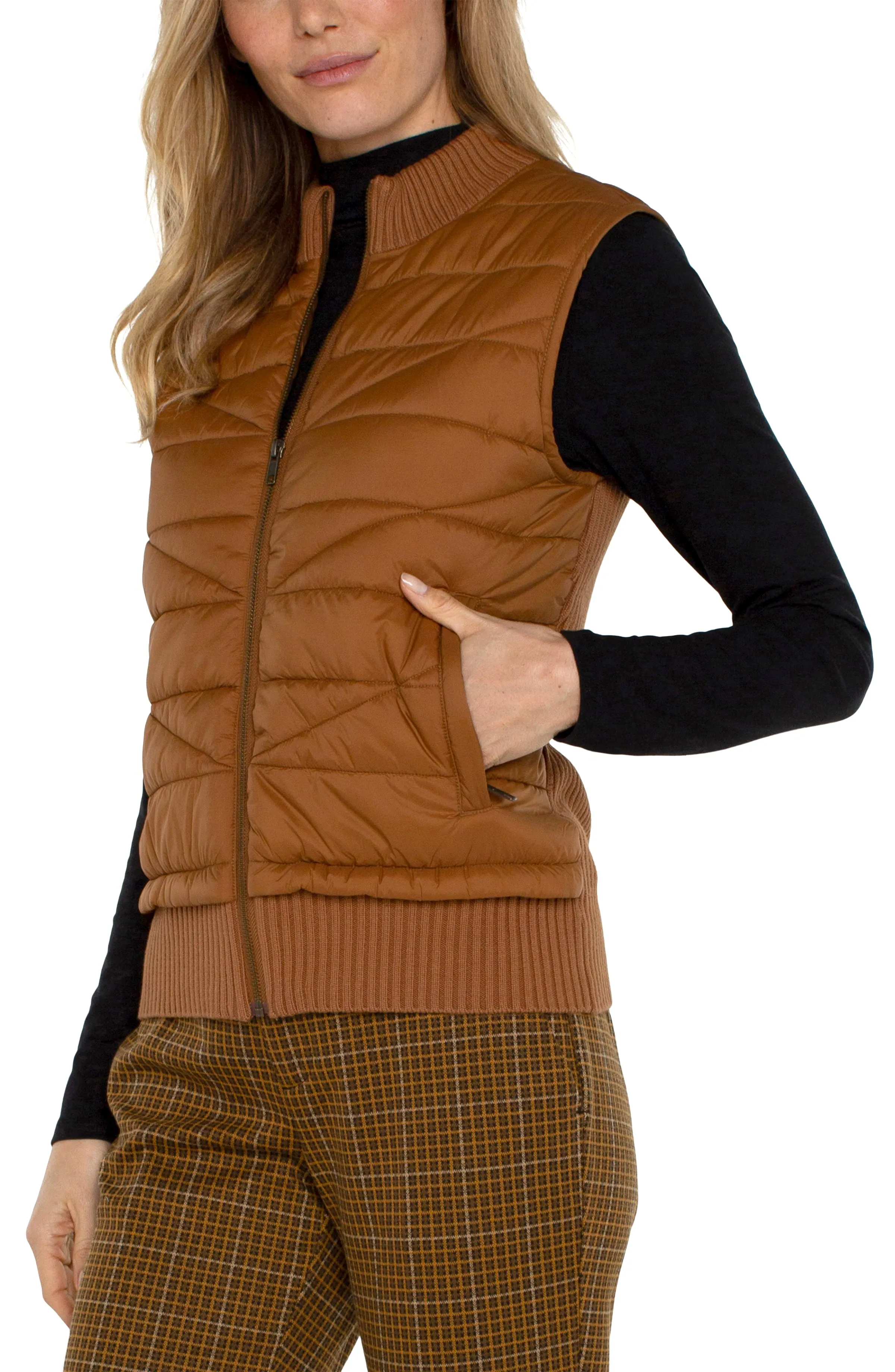 PETITE SLEEVELESS QUILTED FULL ZIP SWEATER VEST