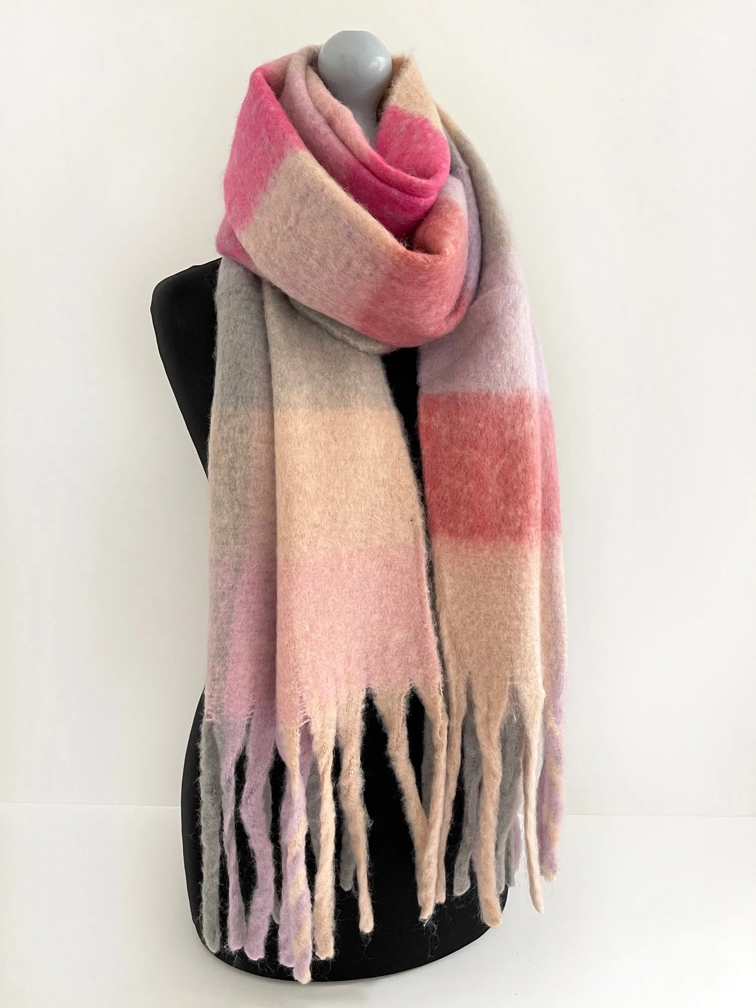 PINK CHECKED WOOL RAINBOW BLANKET SCARF OVERSIZED WINTER SHAWL WRAP