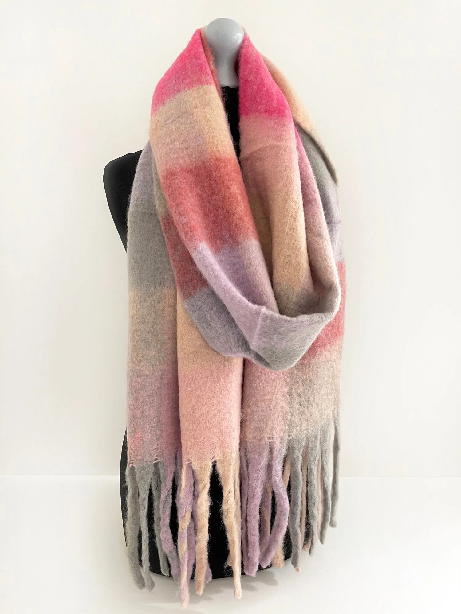 PINK CHECKED WOOL RAINBOW BLANKET SCARF OVERSIZED WINTER SHAWL WRAP