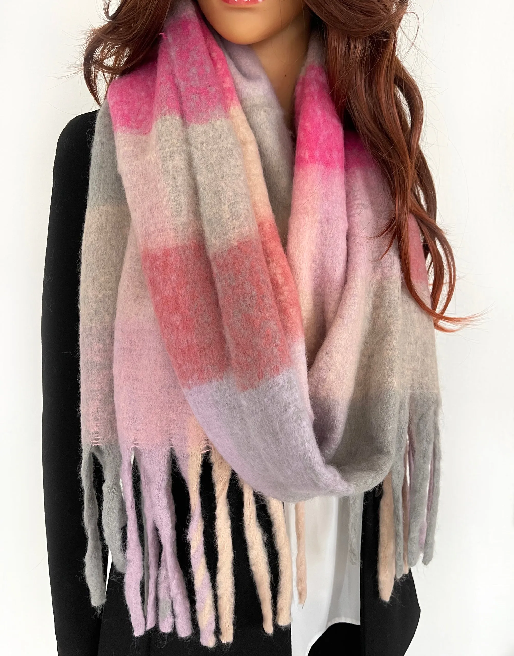 PINK CHECKED WOOL RAINBOW BLANKET SCARF OVERSIZED WINTER SHAWL WRAP