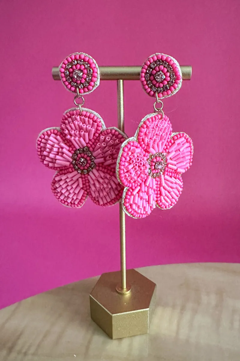 Pink Flower Beaded Dangle Earrings