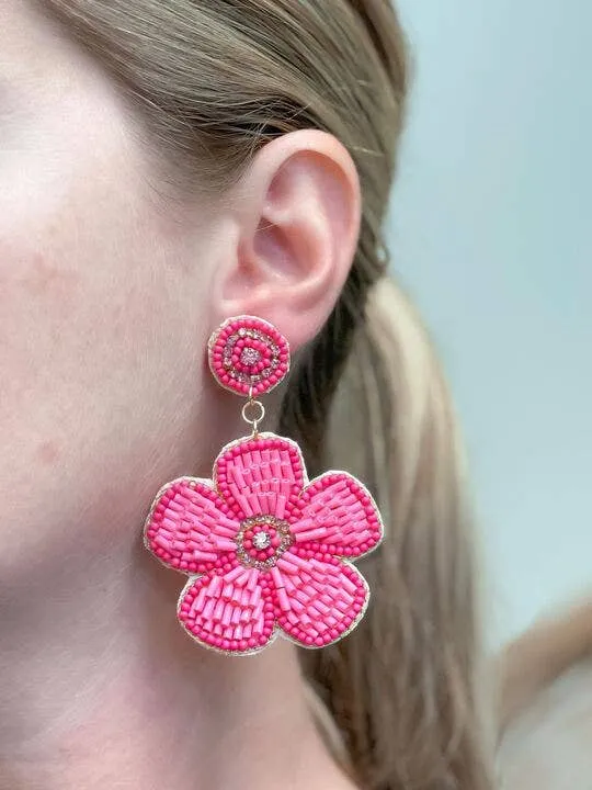 Pink Flower Beaded Dangle Earrings