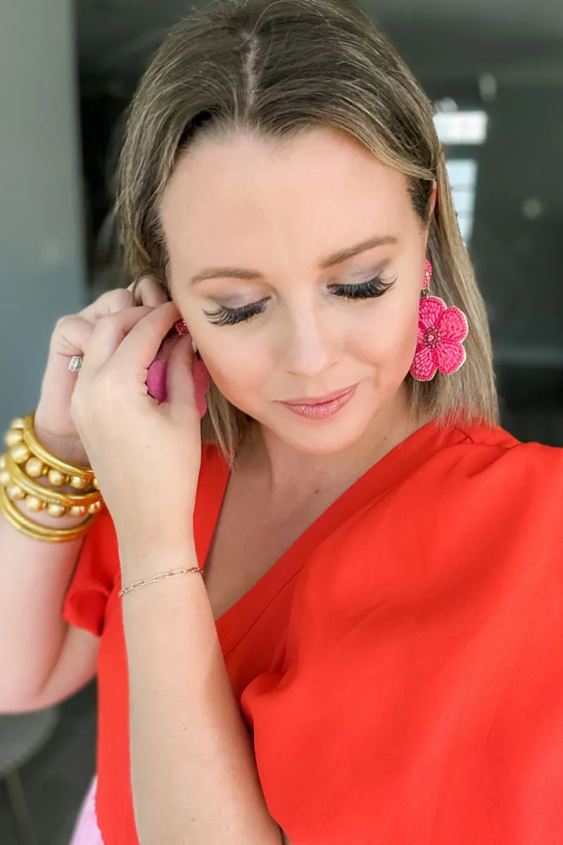 Pink Flower Beaded Dangle Earrings