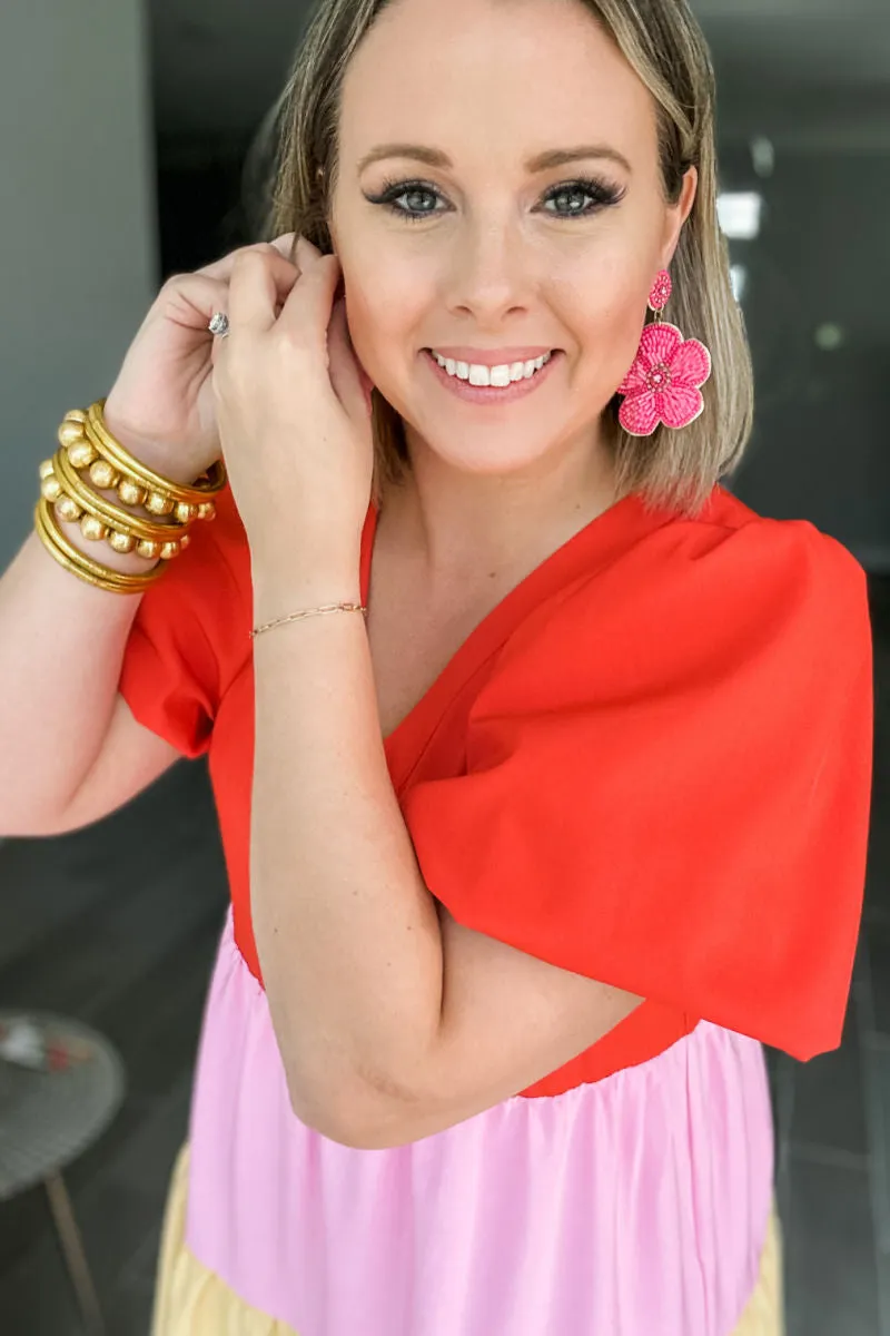 Pink Flower Beaded Dangle Earrings