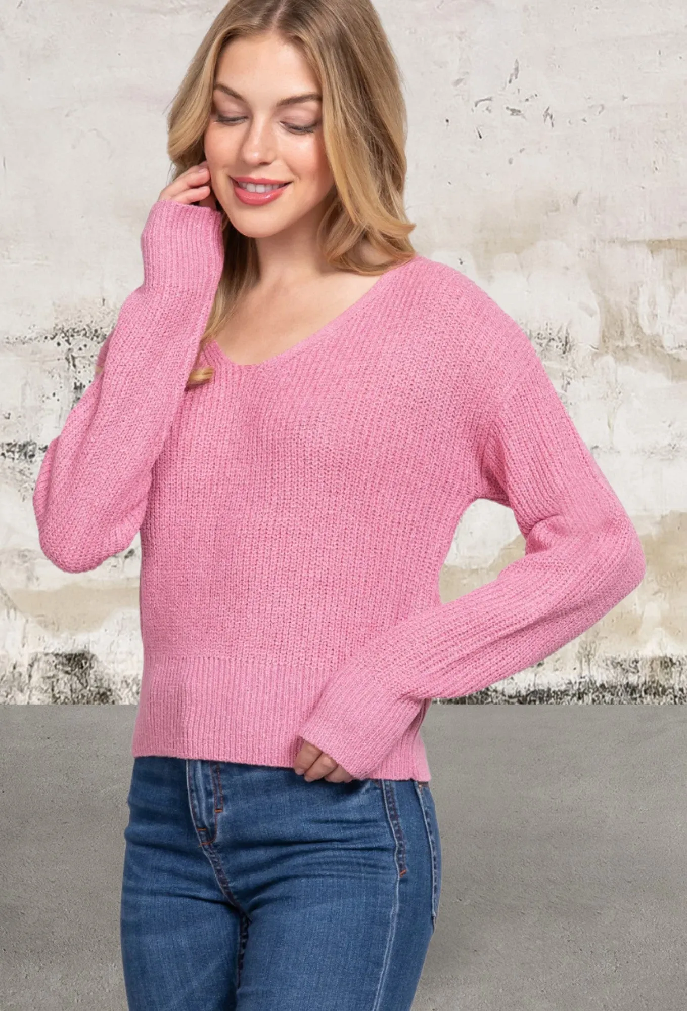 Pink Long Sleeve Strappy Open Back Sweater