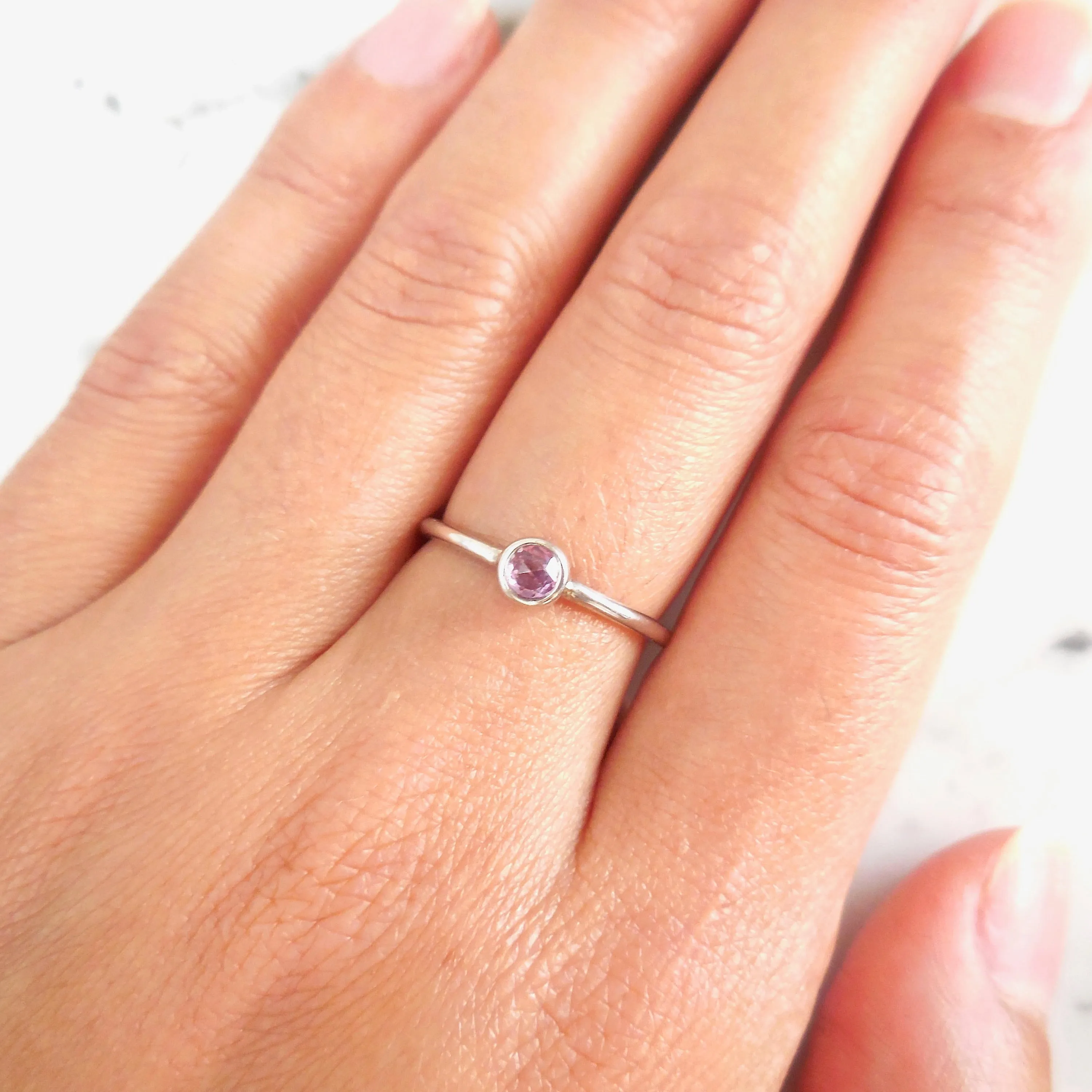 Pink Sapphire Ring - Bezel Set Sapphire Stacking Ring - Lavender Sapphire Gold Ring