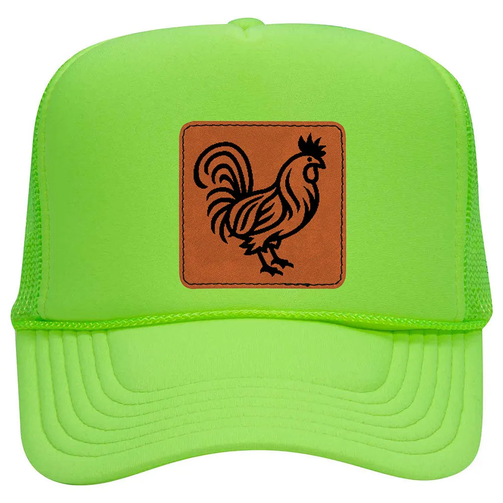 Rooster Leatherette Neon 5 Panel High Crown Foam Mesh Back Trucker Hat - For Men and Women