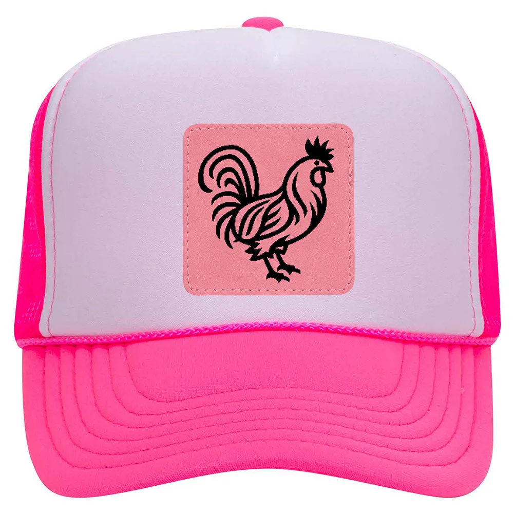 Rooster Leatherette Neon 5 Panel High Crown Foam Mesh Back Trucker Hat - For Men and Women