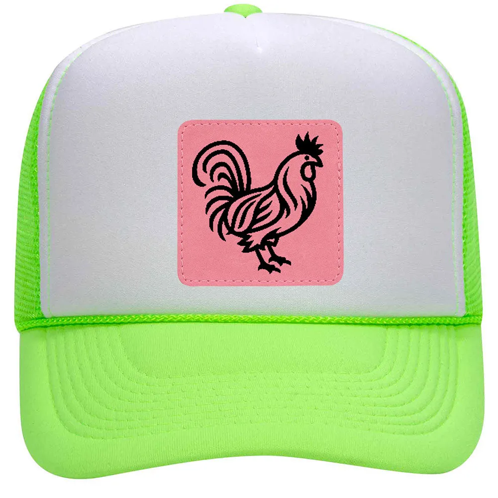 Rooster Leatherette Neon 5 Panel High Crown Foam Mesh Back Trucker Hat - For Men and Women