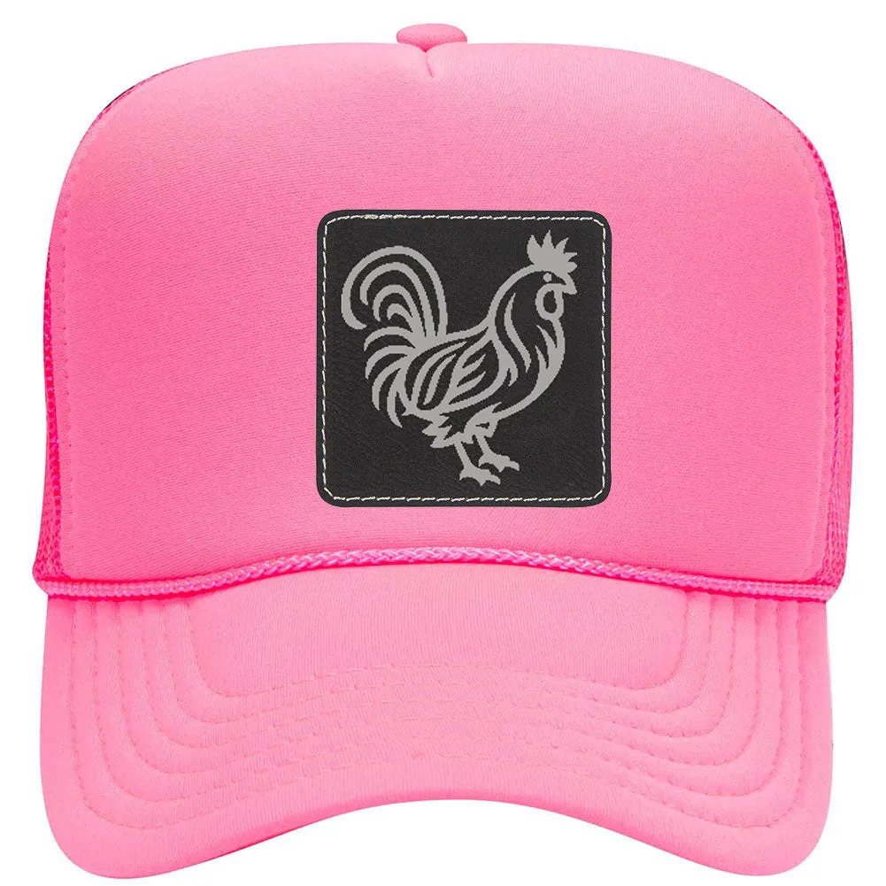 Rooster Leatherette Neon 5 Panel High Crown Foam Mesh Back Trucker Hat - For Men and Women