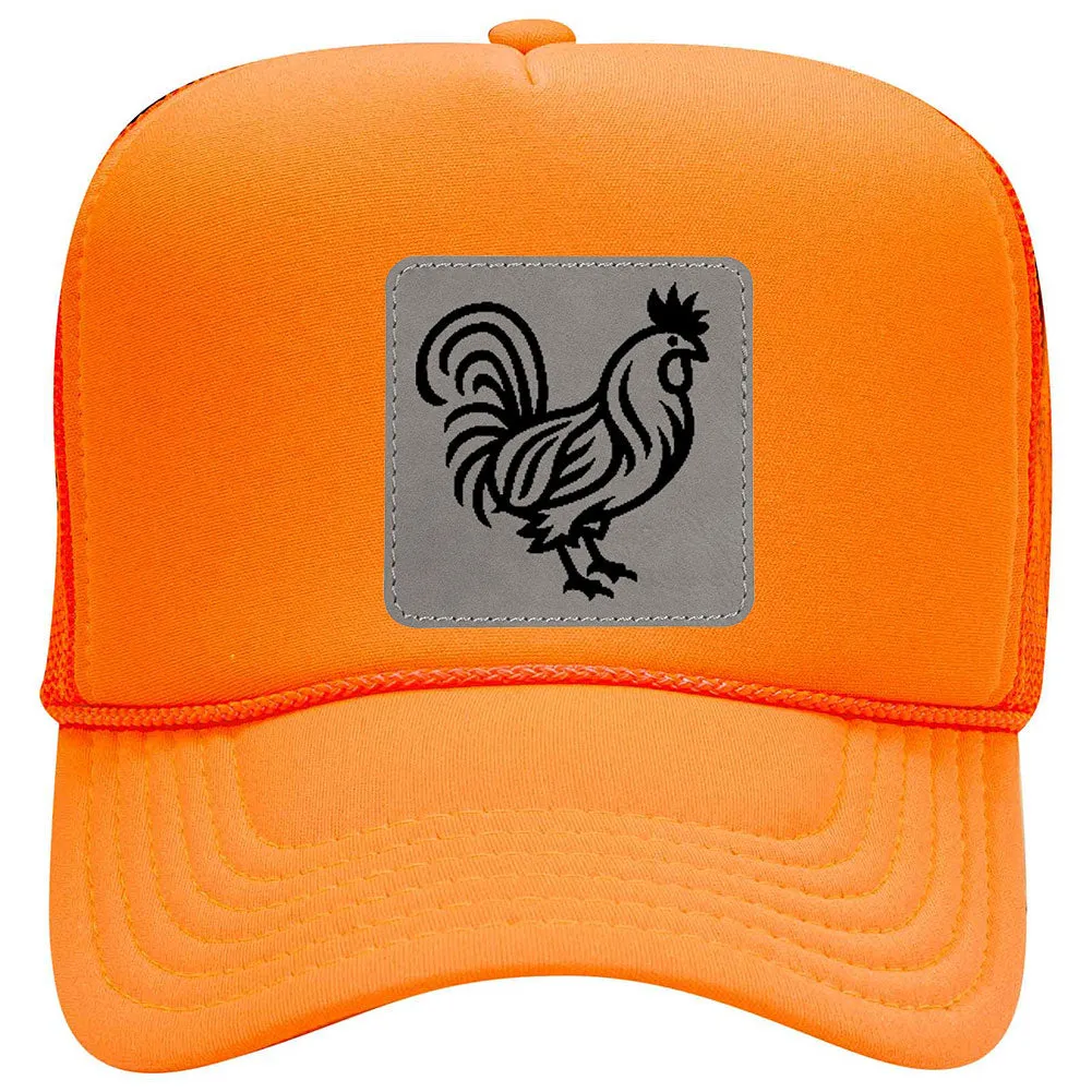 Rooster Leatherette Neon 5 Panel High Crown Foam Mesh Back Trucker Hat - For Men and Women