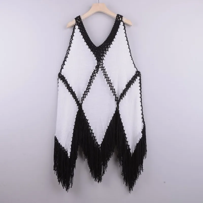 Sexy Hand Crocheting Patchwork Top Loose-Fitting Tassel Vacation Beach Cover-up Sun Protection Clothing