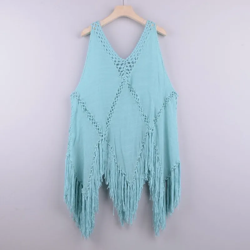 Sexy Hand Crocheting Patchwork Top Loose-Fitting Tassel Vacation Beach Cover-up Sun Protection Clothing