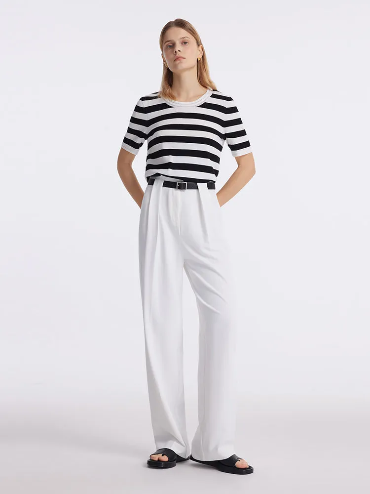 Straight Pleated Women Pants With Leather Belt