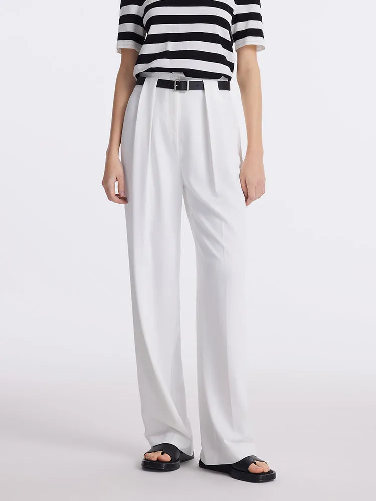 Straight Pleated Women Pants With Leather Belt