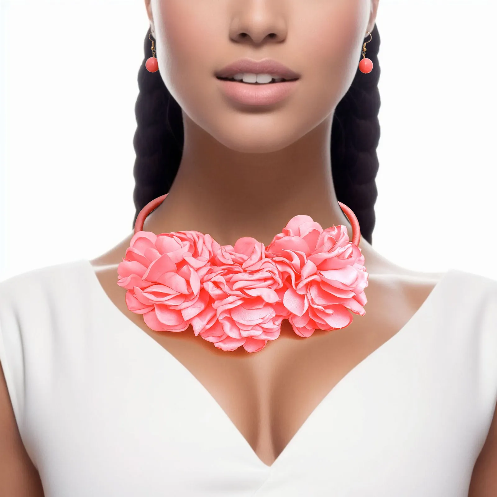 Triple Fabric Flower Bib Necklace - Pink