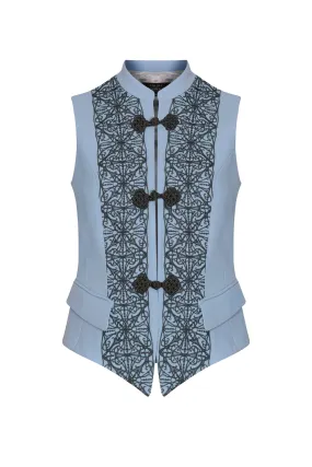 Waistcoat in Embroidered Sky Faille with Grey Frogging Fastening - Wendy